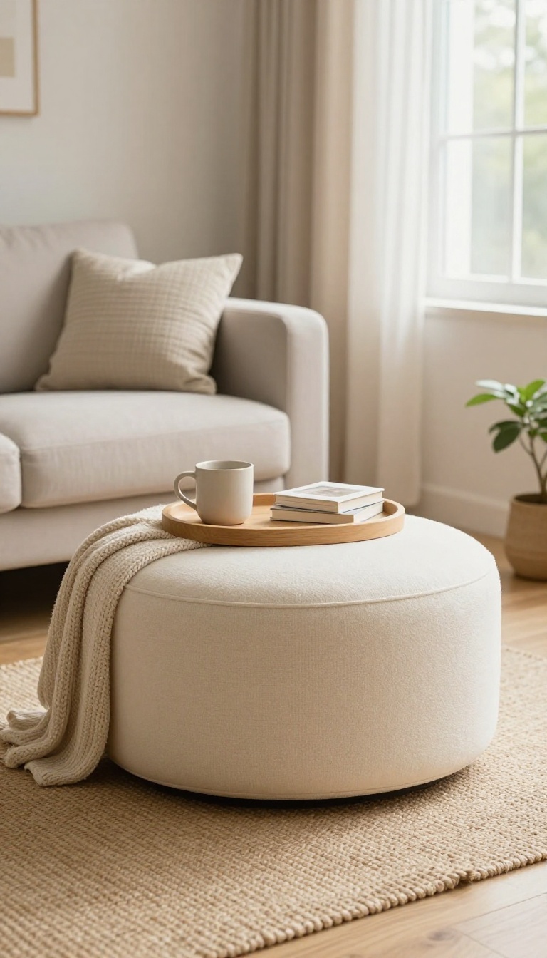 Cozy small living room with a round storage ottoman used as a coffee table with a tray, mug, and books, styled with a sofa and soft throw in natural light