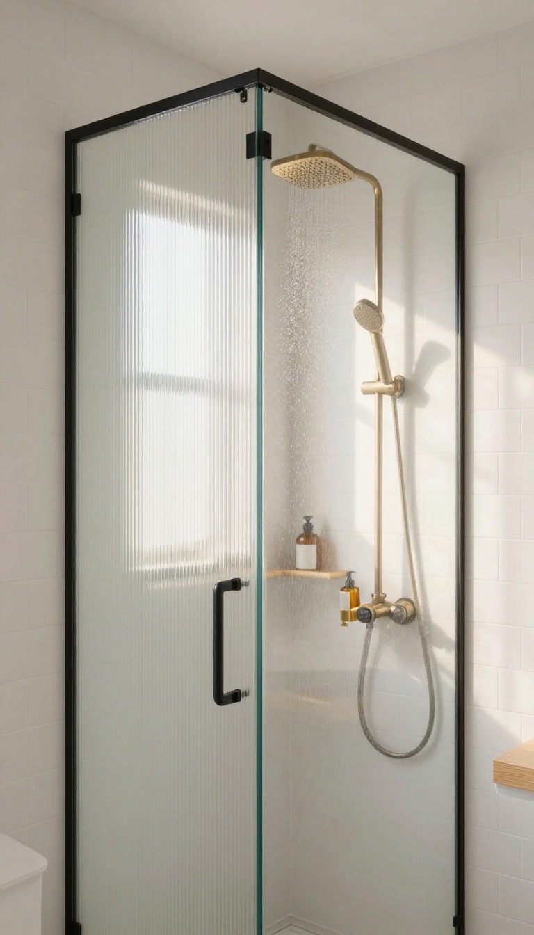 Corner shower with reeded glass panels in a bright modern bathroom, soft light passing through vertical fluted texture for privacy