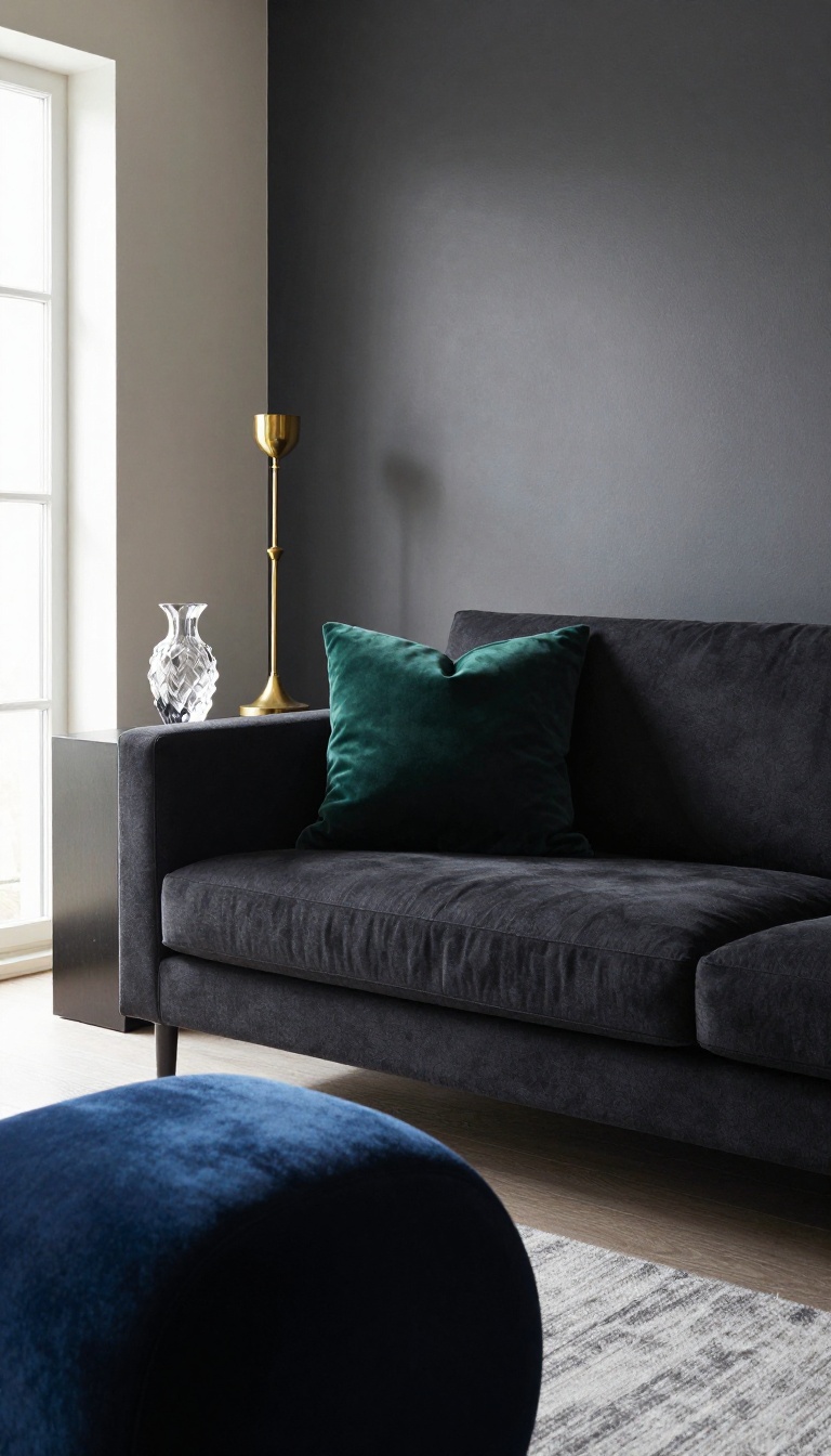 Modern black living room with an emerald velvet pillow on a black sofa, amethyst glass vase, and brass accents in bright natural light