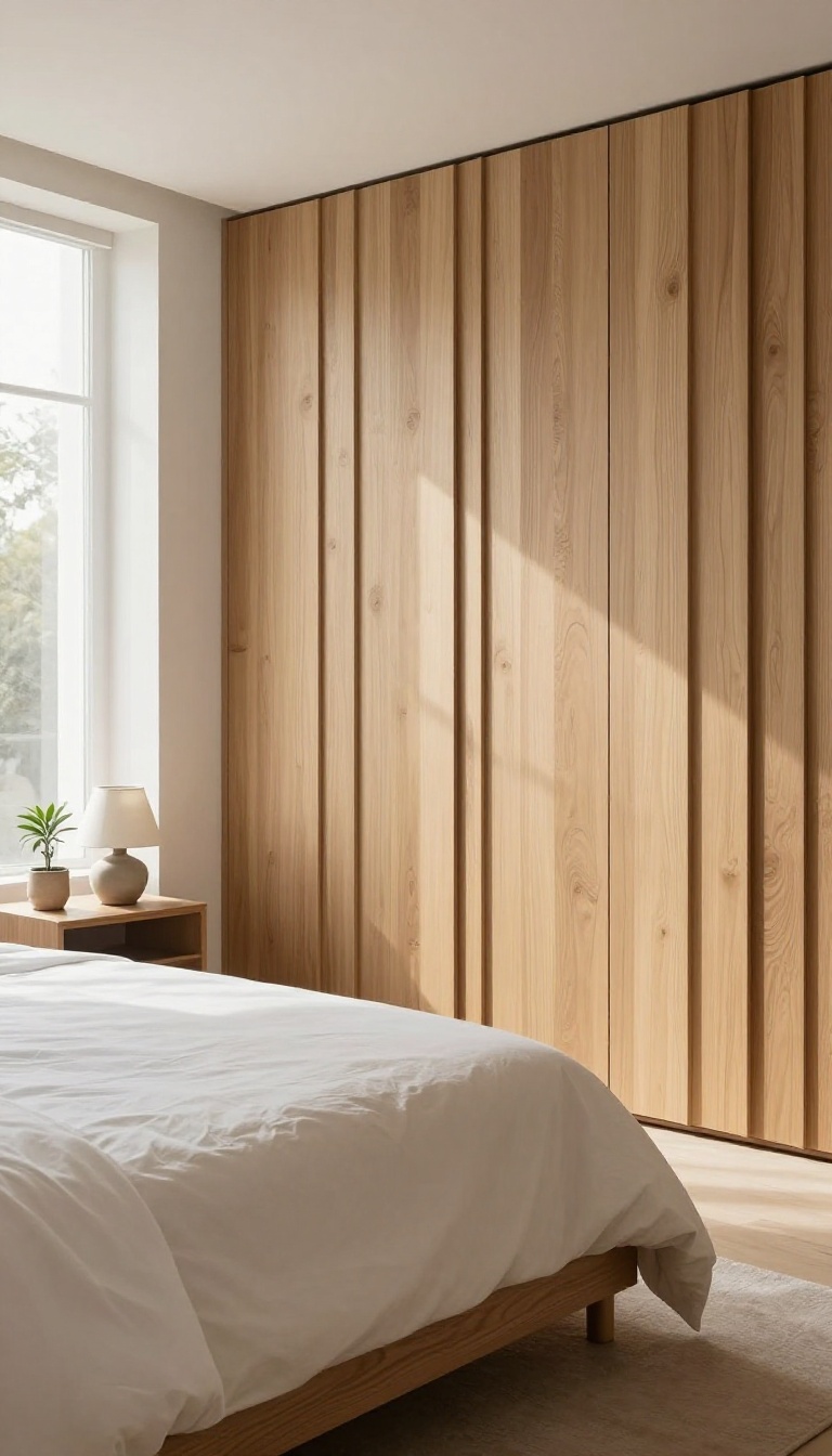 Bedroom with floor-to-ceiling slatted wood paneling that hides a built-in wardrobe behind a seamless wall, lit by bright natural light
