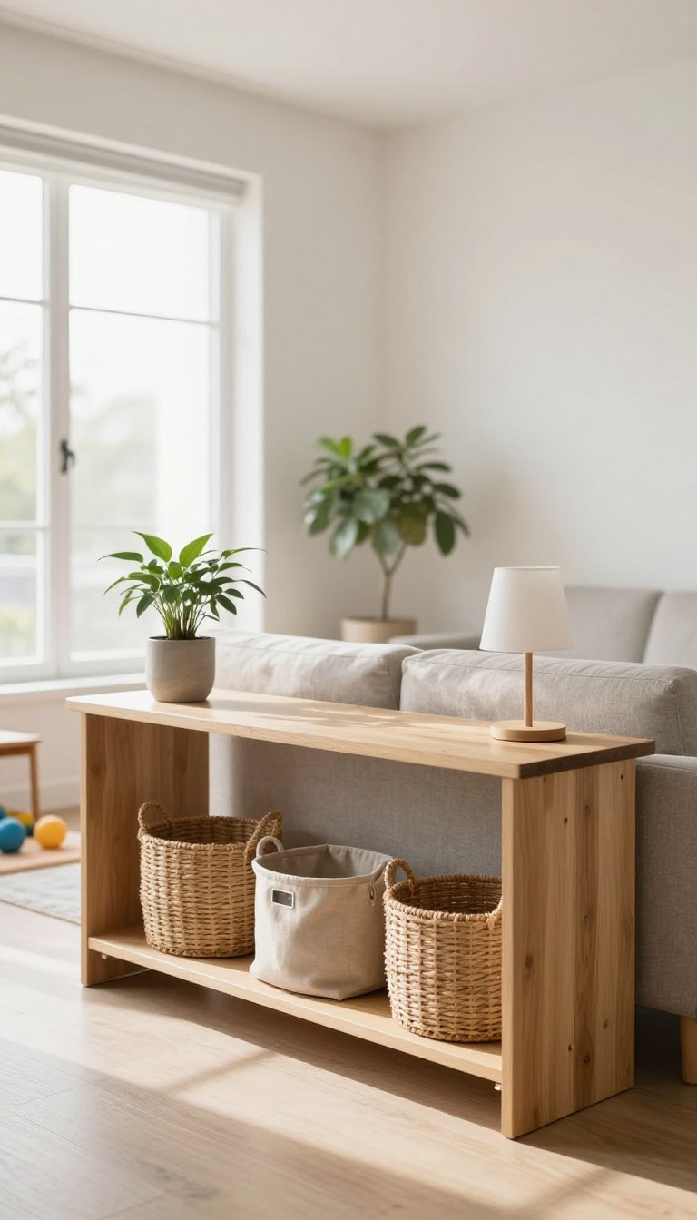 Low console table behind a sofa with woven baskets on the lower shelf dividing a small living room from a play area