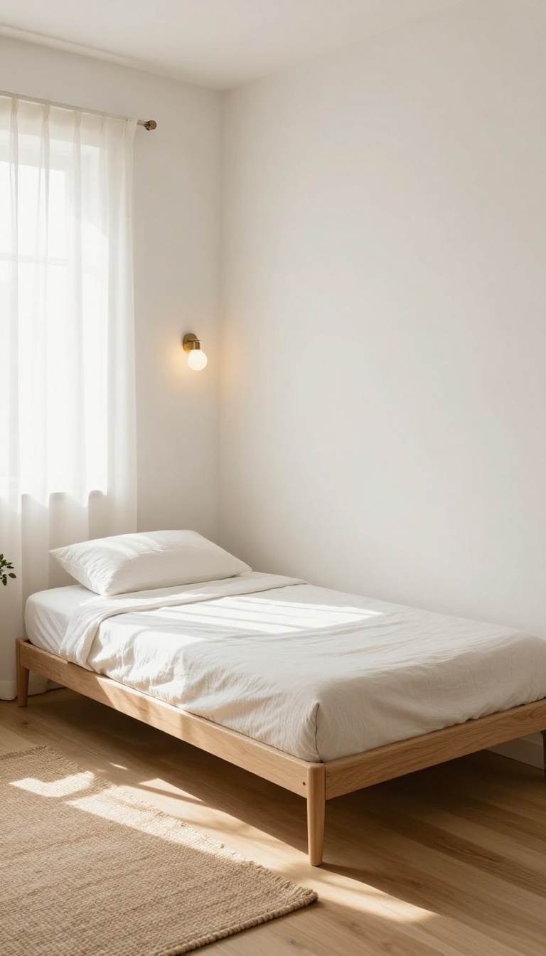 Small square bedroom with a vertical Murphy bed folded down, white bedding, warm wall sconce, and bright natural light