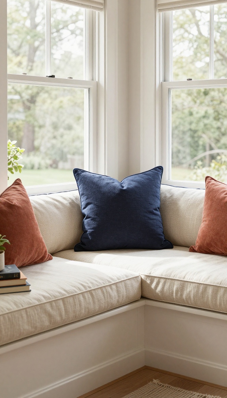 Bay window seat with a custom cream cushion featuring navy contrast piping and throw pillows in a sunlit living room reading nook