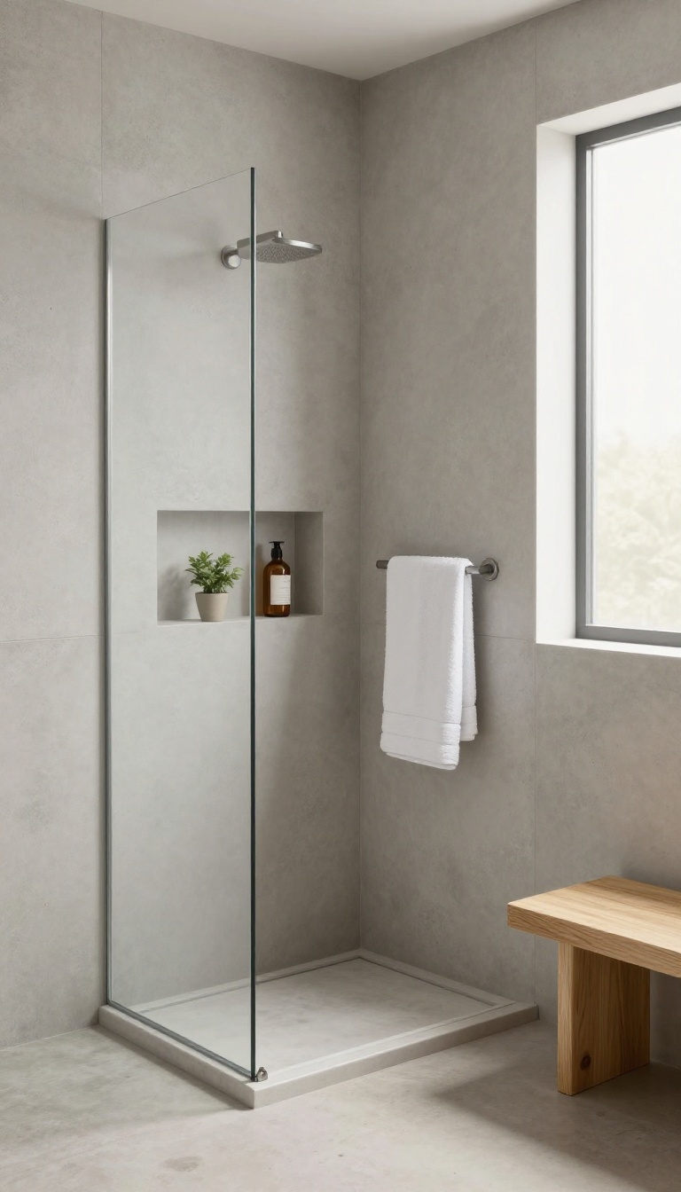 Minimalist concrete shower with light gray walls, a recessed storage niche holding a towel and plant, and warm natural light