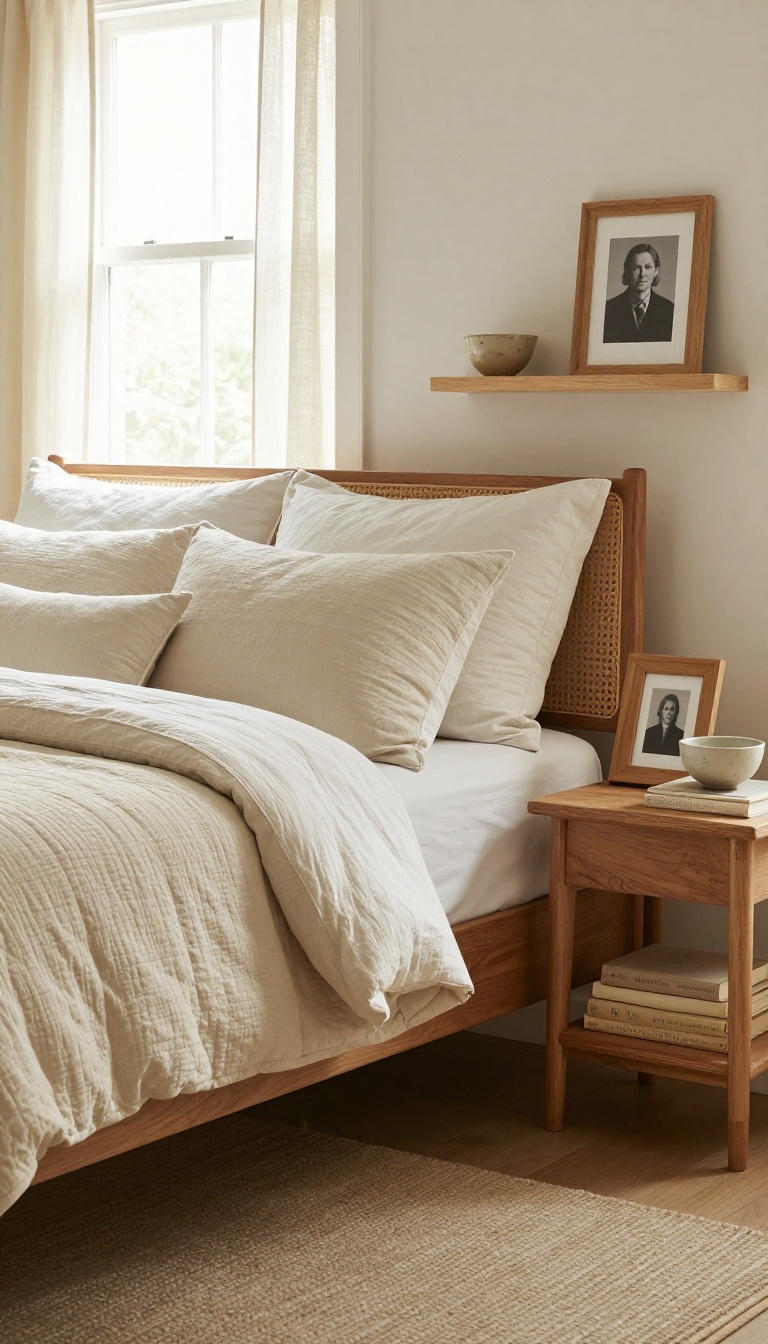 Cozy classic bedroom with a wooden nightstand holding a framed black-and-white photo, a ceramic bowl, and a stack of books in soft natural light
