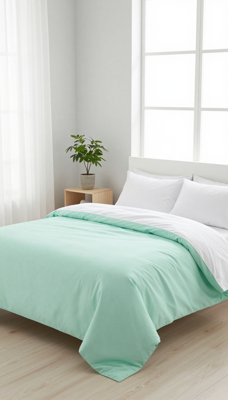 Bright airy bedroom with a mint green comforter layered over white bedding, white curtains, and light gray walls in soft natural light