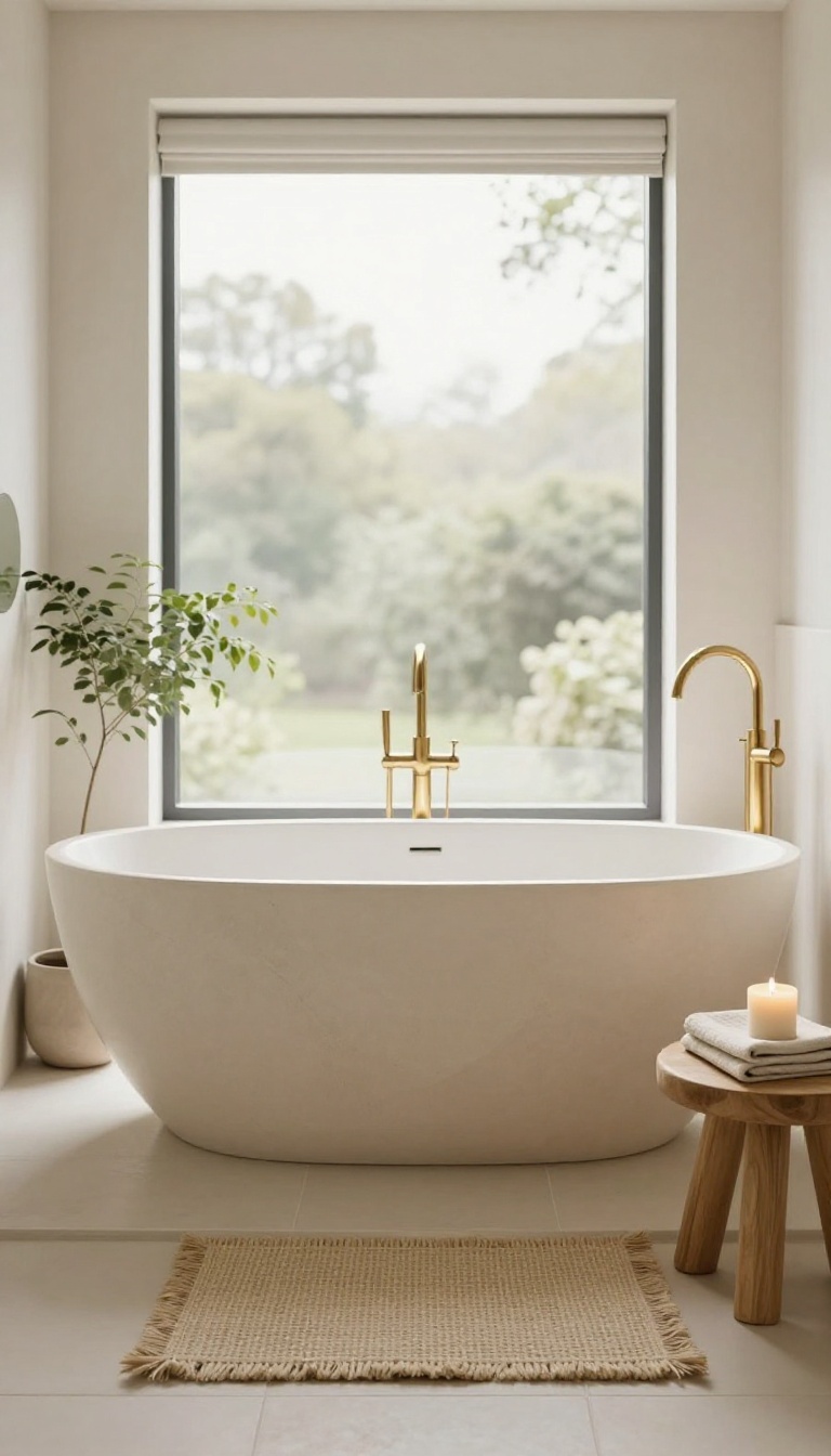 Freestanding oval tub with organic curves in a bright bathroom with warm brass fixtures, natural light, and a wooden stool