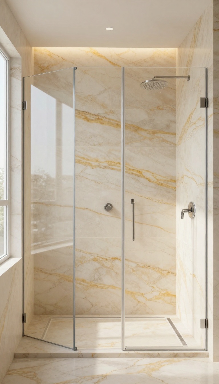 Walk-in shower with horizontally veined onyx walls that make the narrow space feel wider