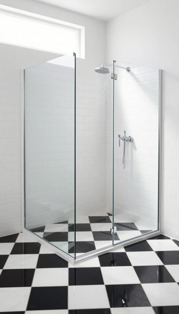 A modern bathroom shower with a large diagonal black and white checkerboard tile floor, glossy finish, white subway walls, and a rainfall showerhead.