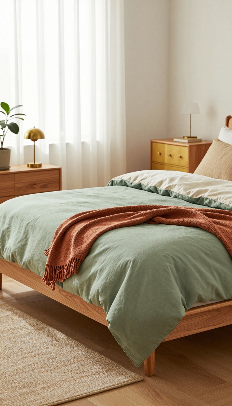 Sage green comforter on a warm wood bed frame in a bright calm bedroom with cream pillows and brass accents