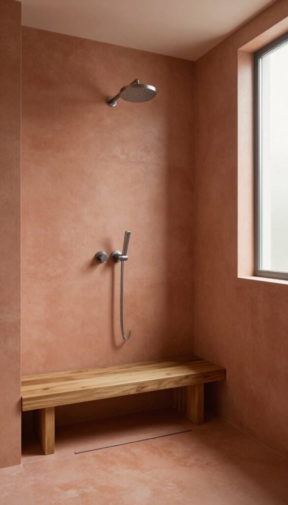 Colored concrete shower in warm terracotta tone with rainfall showerhead