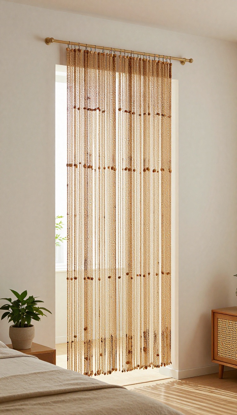 Bamboo and wood beaded curtain hanging in a bright bedroom doorway, creating a soft boho privacy divider