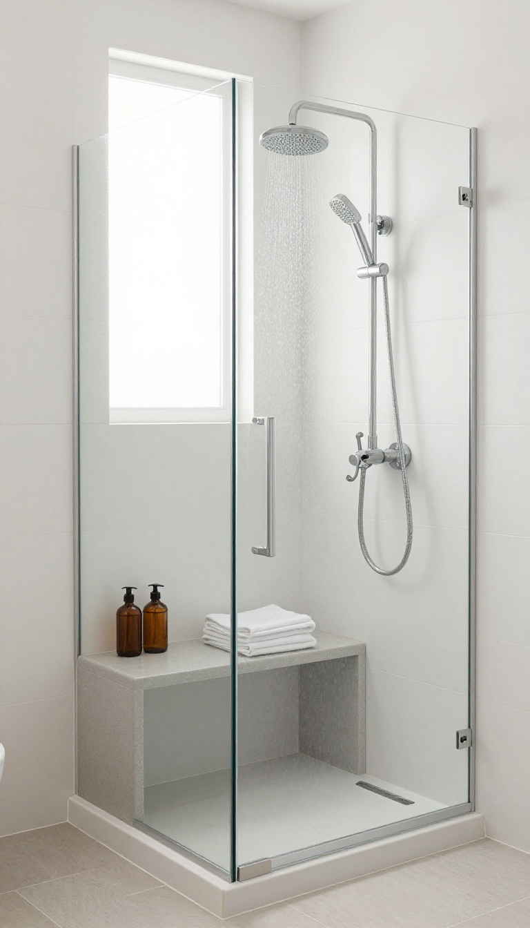 Small corner shower with a built-in bench, featuring storage for toiletries and a towel, in a bright, clean bathroom.
