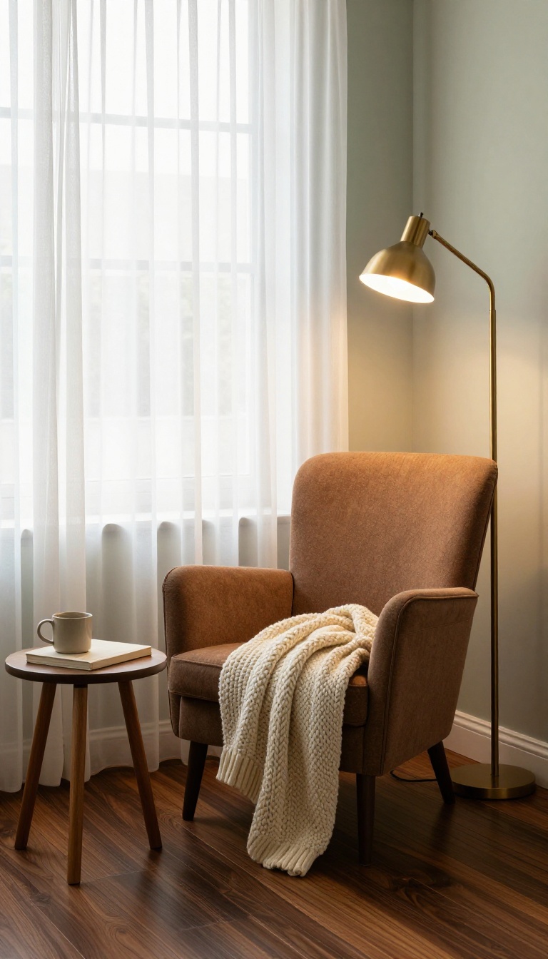 Cozy bedroom reading nook with a wingback chair, knit throw, floor lamp, and dark wood floors in warm natural light