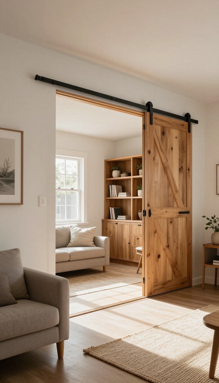 Sliding barn door on a metal track in a small bright living room, partially open to reveal a home office nook, with natural light and modern farmhouse decor.