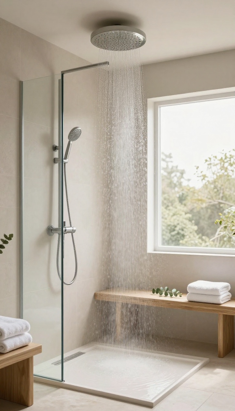 Modern master bathroom shower with a ceiling-mounted rain showerhead releasing a soft wide spray in bright natural light
