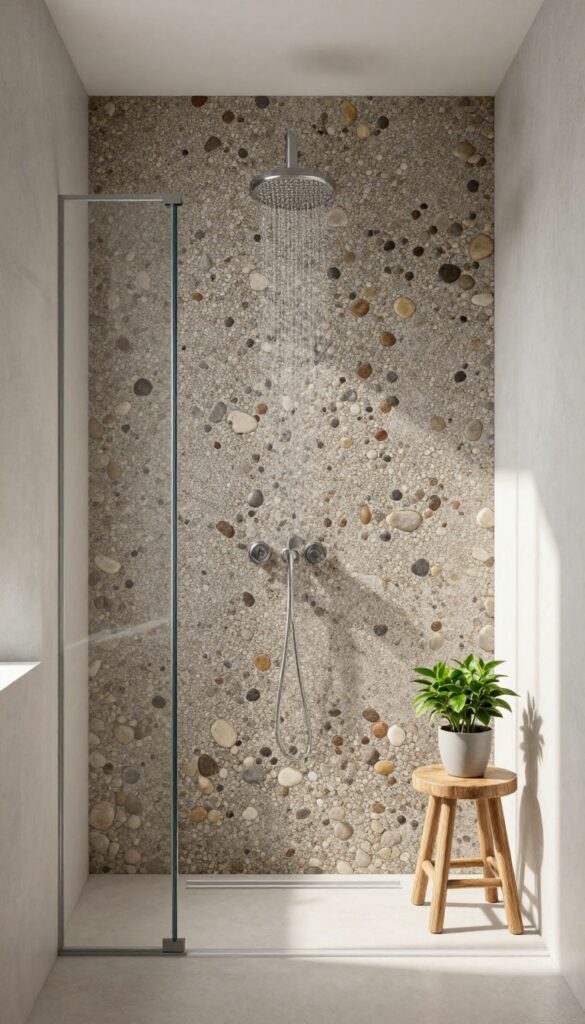 Modern concrete shower with an exposed aggregate accent wall, featuring natural pebbles, in a bright, spa-like bathroom.