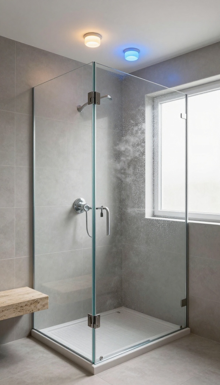 Modern glass shower with two ceiling lights glowing in warm white and cool white tones against gray tile and stone bench