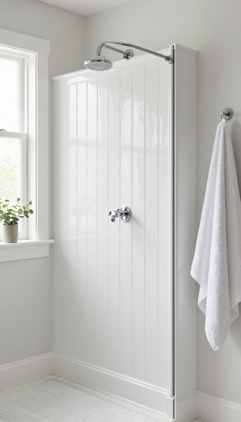 Bright bathroom shower wall with white beadboard panels painted in glossy marine-grade paint, chrome showerhead, and natural light