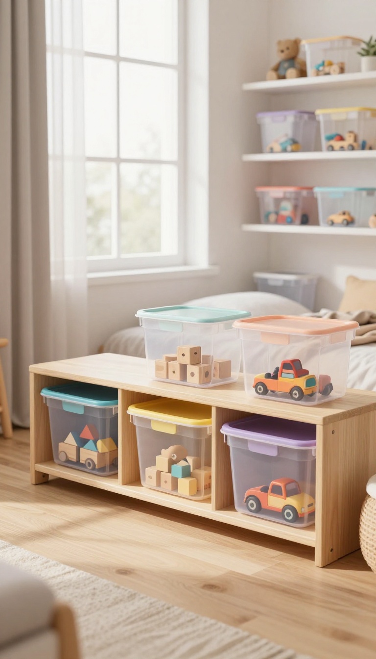 Bright shared kids' bedroom with clear labeled toy bins on a low shelf and extra bins stored on a high shelf and under the bed, showing a simple toy rotation system.