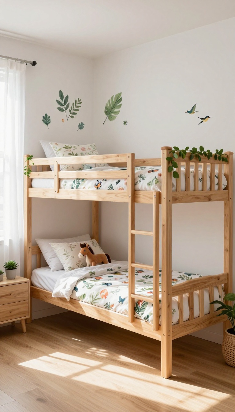 Bright shared girls' bedroom with wooden bunk beds styled in a nature and animals theme, one bunk with butterfly bedding and the other with horse decor, leafy canopy and potted plants in natural light