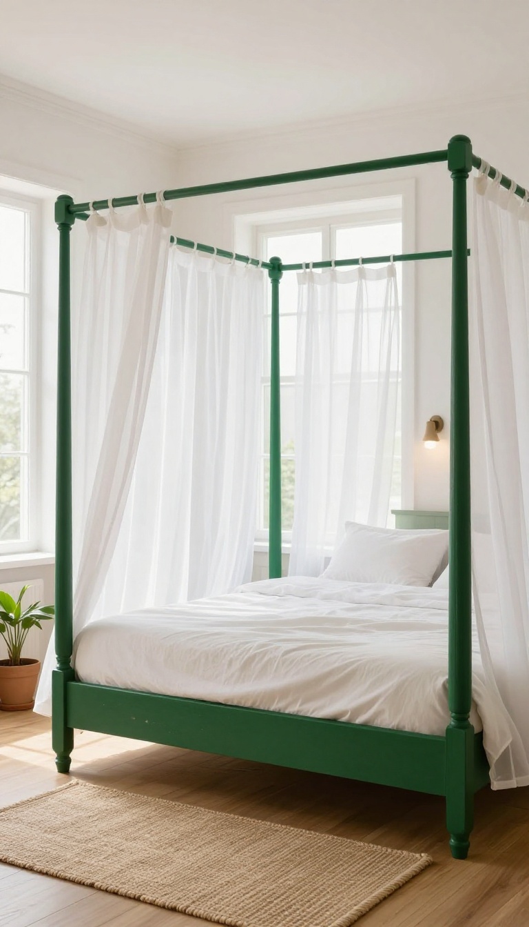 Forest green canopy bed frame with flowing sheer white drapes in a bright natural bedroom