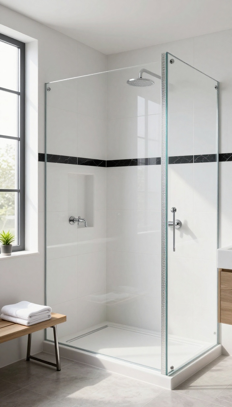 Modern walk-in shower with white ceramic tile and a narrow black marble accent strip plus a vertical glass mosaic band, bright natural light