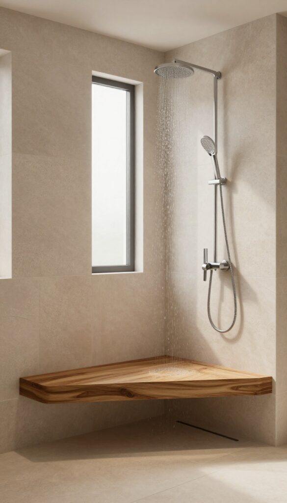Large shower with a built-in teak bench in a corner, surrounded by stone tiles and natural light.