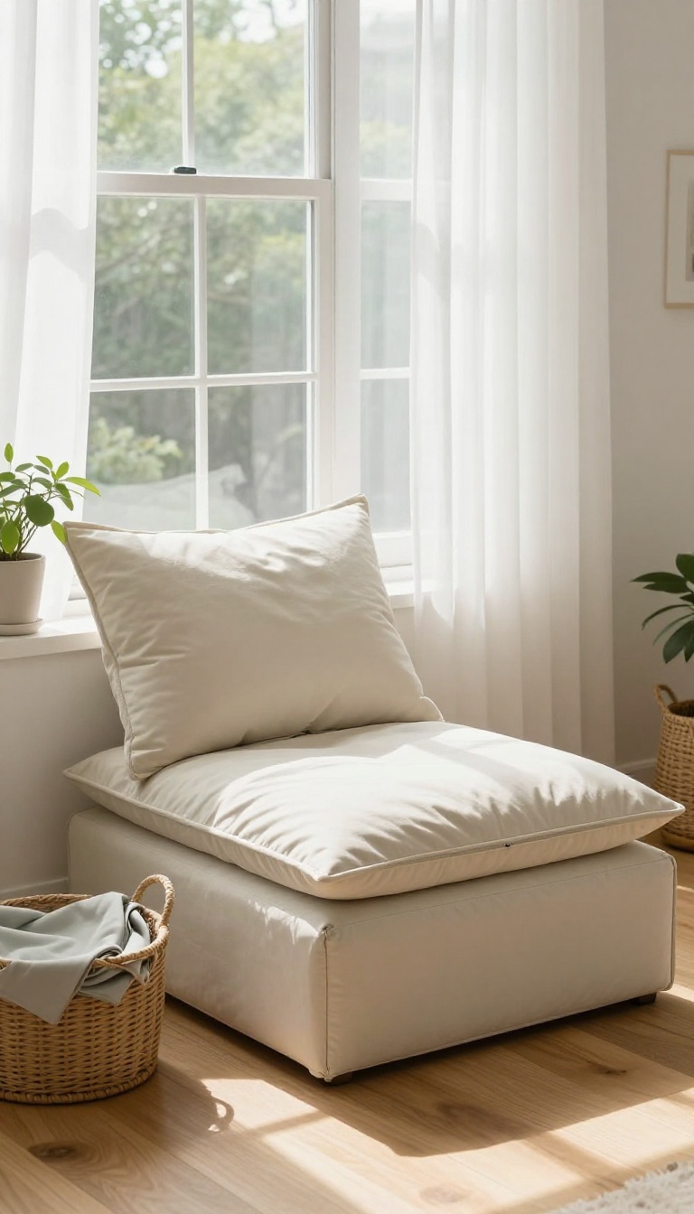 Sunlit living room window seat with a fitted neutral slipcovered cushion and soft throw pillows, styled for easy cleaning