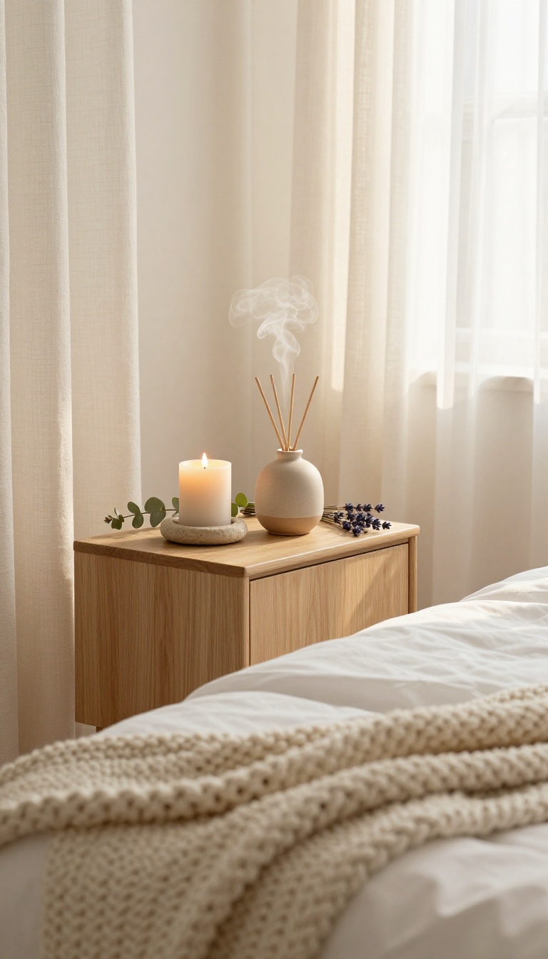 Calm spa bedroom nightstand with a ceramic essential oil diffuser, lit candle, and fresh eucalyptus for a relaxing scent
