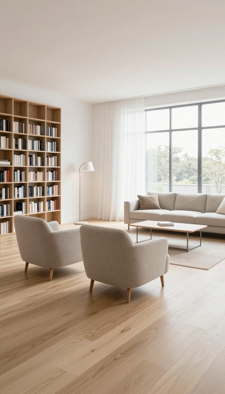 Two neutral armchairs placed back-to-back in an open-plan living room to softly divide a reading nook from the main seating area in bright natural light