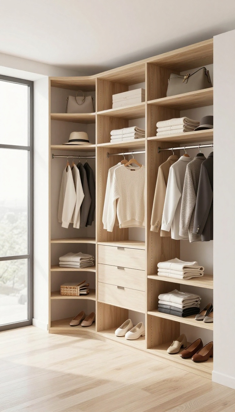 Bright modern walk-in closet with open shelving, hanging rods, folded clothes, and shoes neatly organized