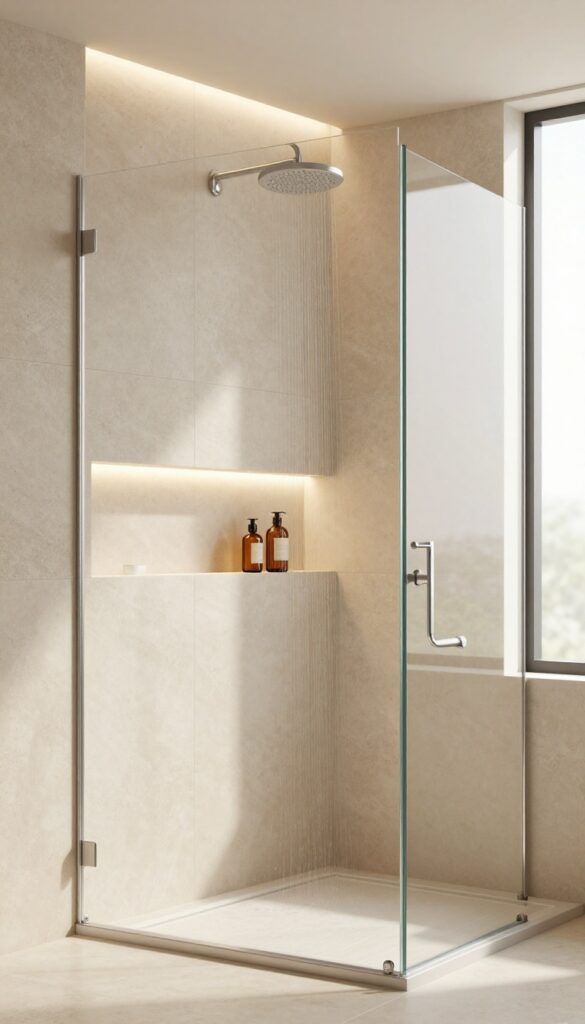 Modern shower with recessed LED niche glowing softly, highlighting shampoo bottles on stone tile wall.