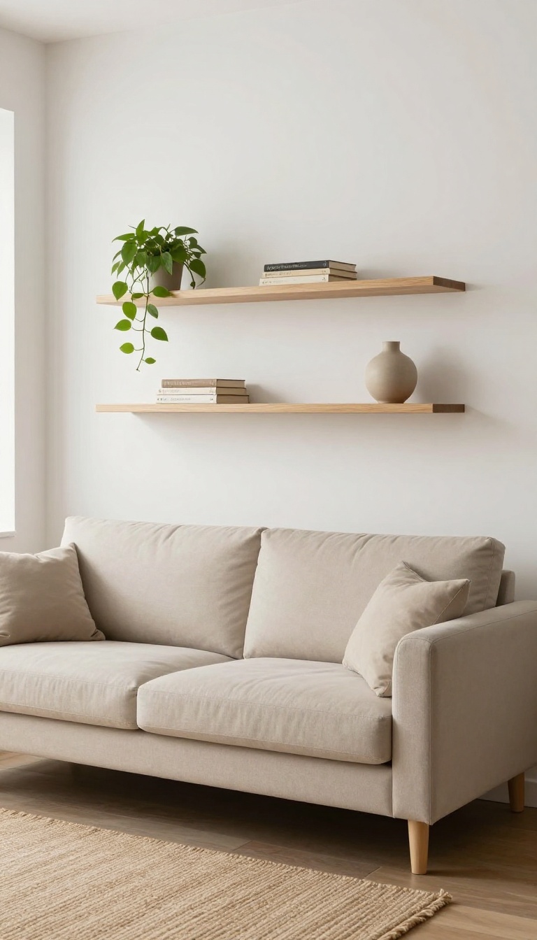 Bright small living room with floating wood shelves above a sofa, styled with a plant, books, and a vase, leaving open floor space