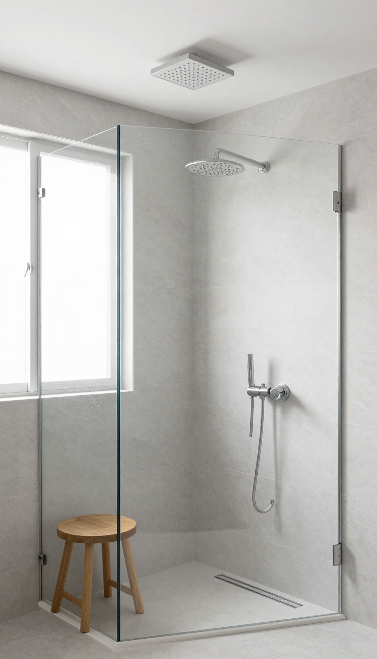 Small corner shower with a ceiling-mounted rain shower head and frameless glass, featuring light gray tiles and a linear drain, creating a spacious and luxurious feel.