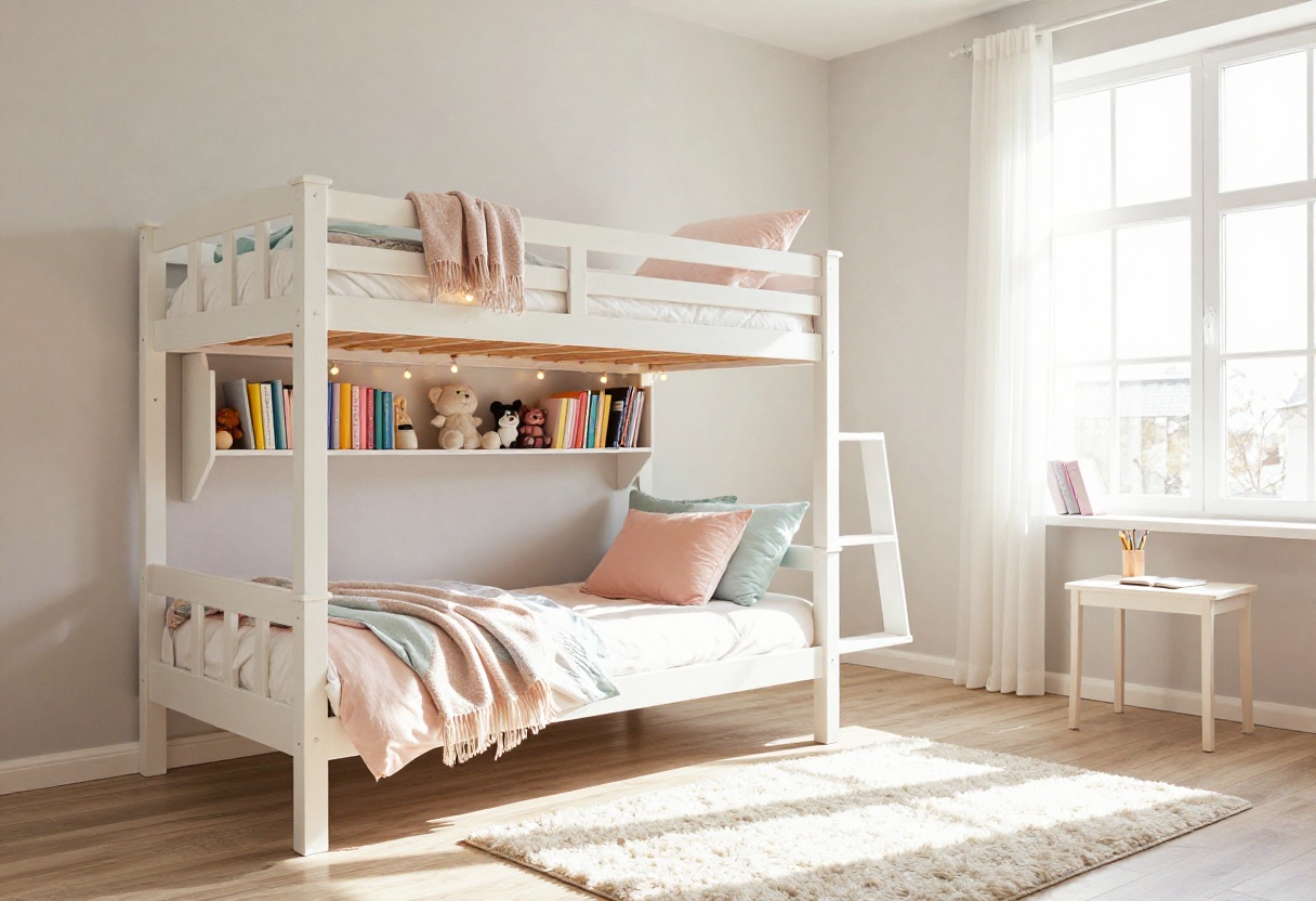 Girls' shared bedroom with a white bunkbed, pastel bedding, and cozy decor.