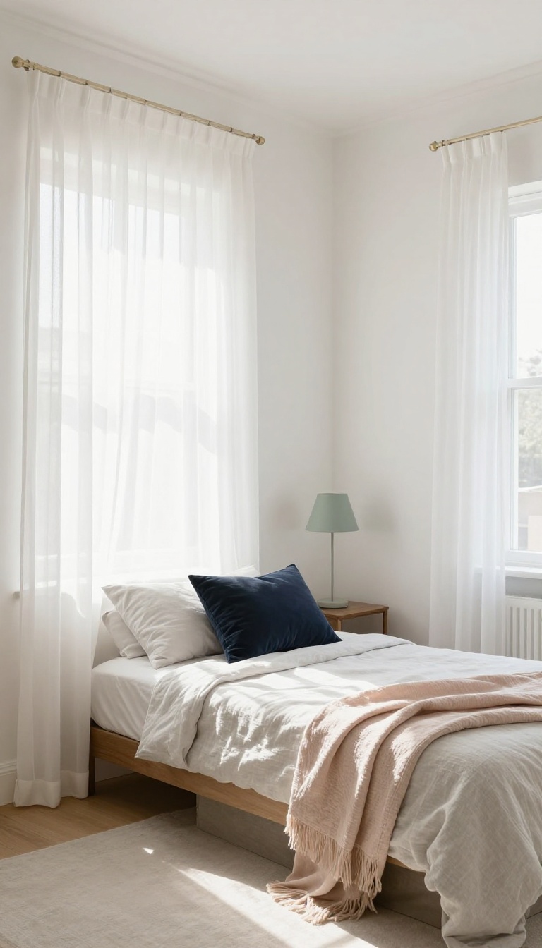 Small spare bedroom with light airy walls, pale bedding, and bright natural light, styled with subtle dark and pastel accents