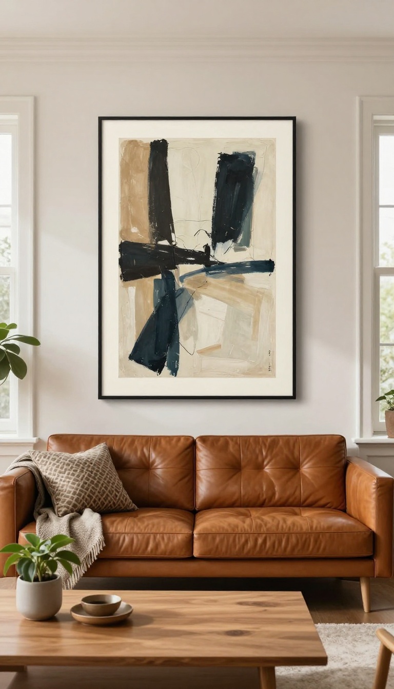 Leather couch with a large framed abstract art piece hung above it in a bright, timeless living room
