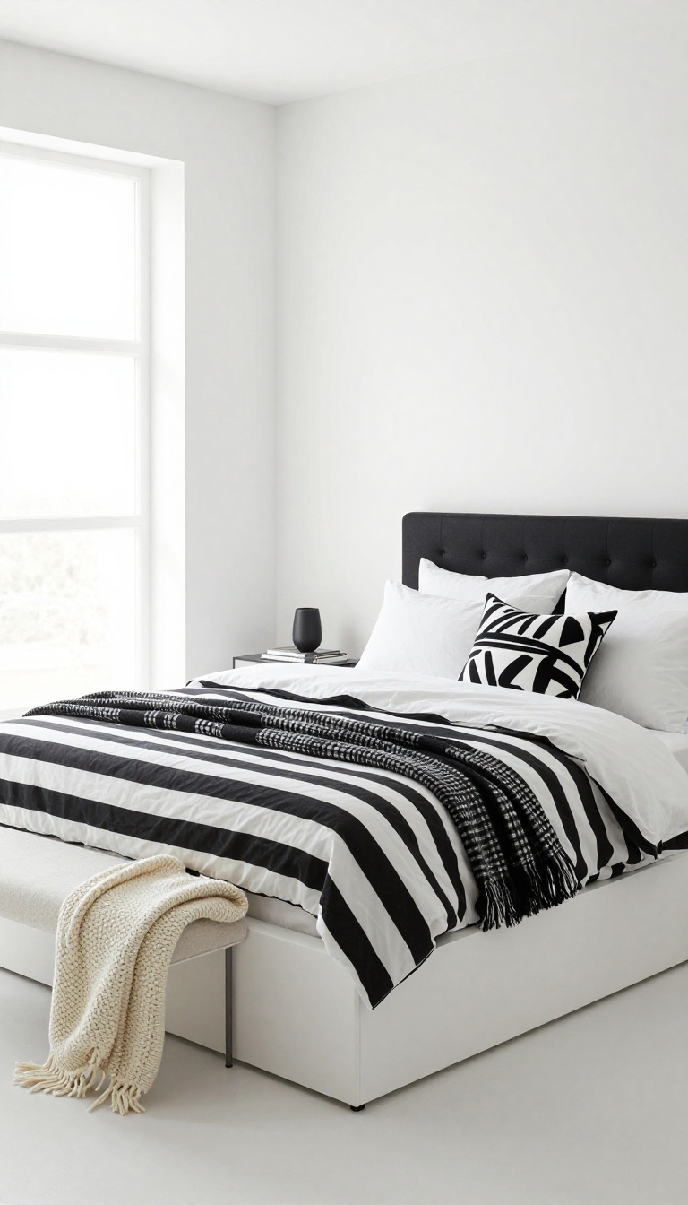 Black and white bedroom with a striped duvet, checked throw, and abstract patterned pillow layered together for visual interest