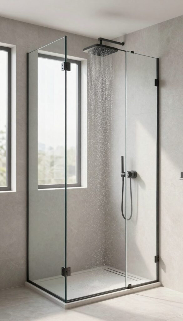 Black rainfall showerhead in a frameless walk-in shower with light gray tiles and natural light