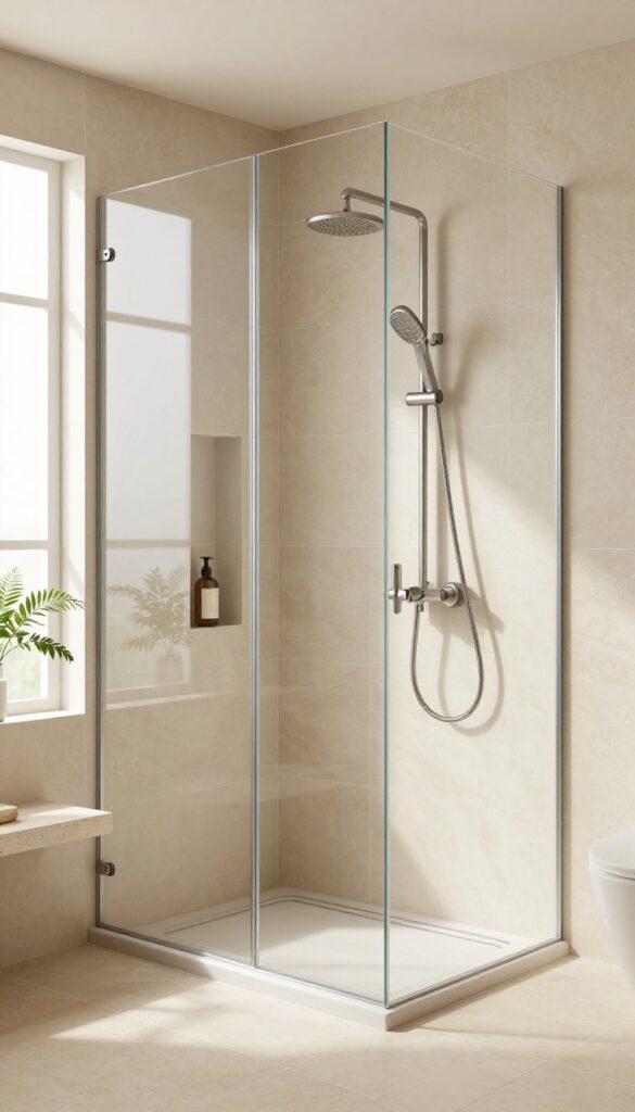 Large walk-in shower with large-format beige tiles, minimal grout lines, and sleek fixtures in bright natural light.