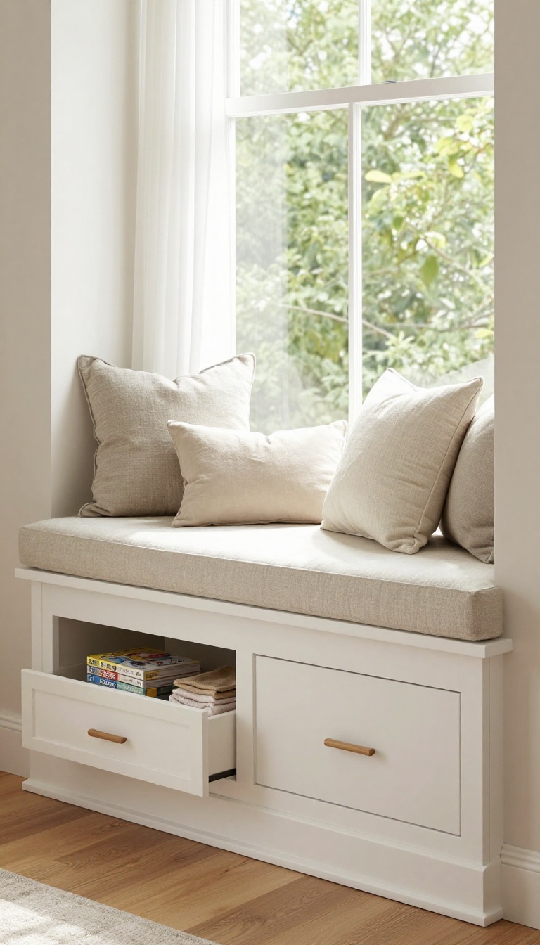 Bright living room window seat with a cushioned bench and storage drawers underneath, one drawer open showing blankets and board games