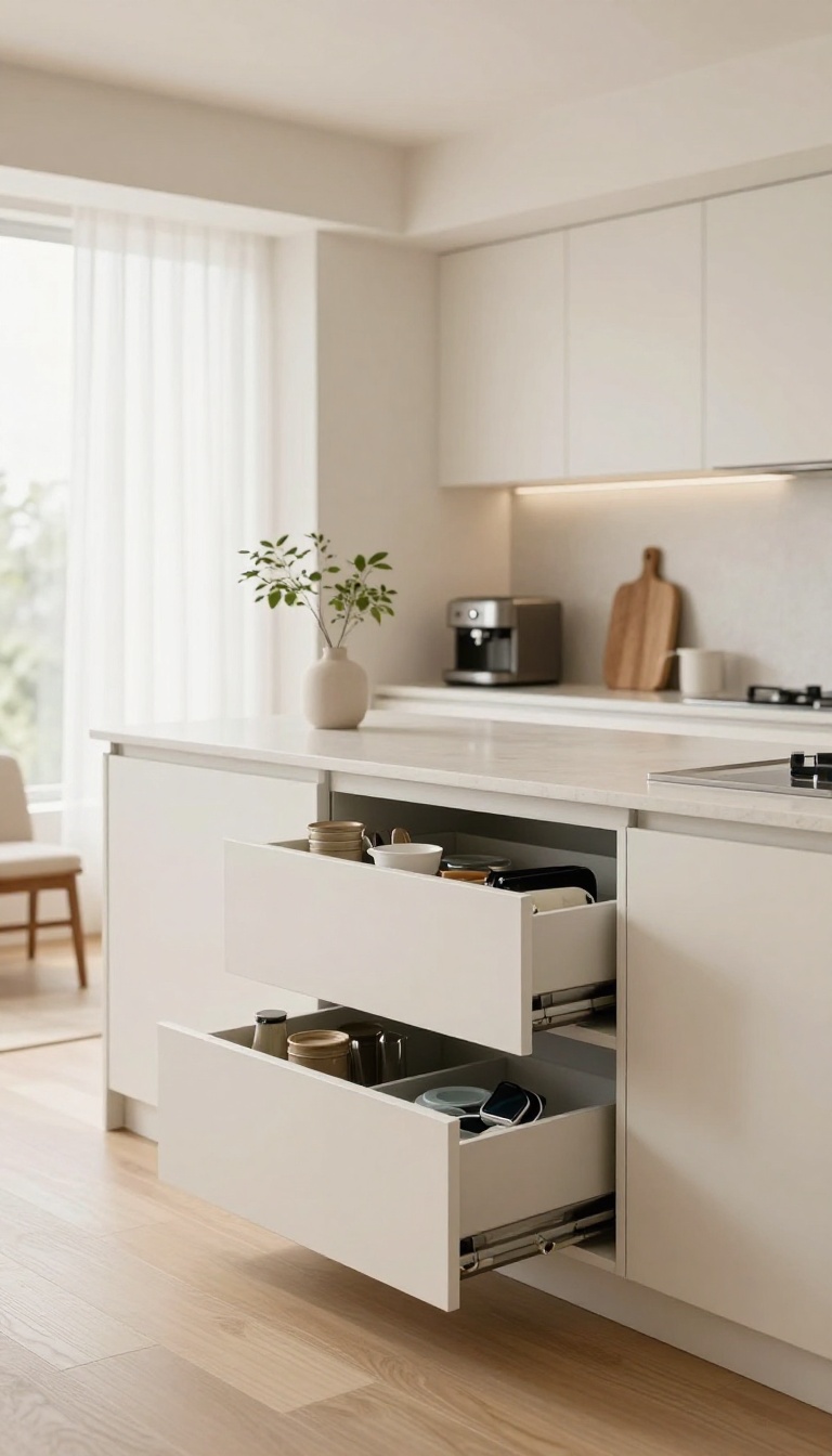 Bright open-plan living room and kitchen with clutter-free countertops, a built-in appliance garage hiding small appliances, and an organized drawer with dividers and a hidden charging station.