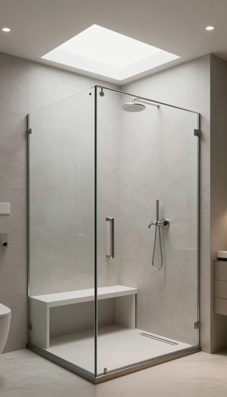 Modern walk-in shower with skylight and recessed lighting for a clean, bright bathroom