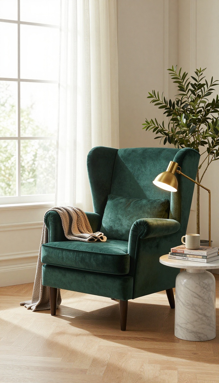 Luxury bedroom corner reading nook with a green velvet wingback chair, round side table, brass task lamp, and sheer curtains in bright natural light
