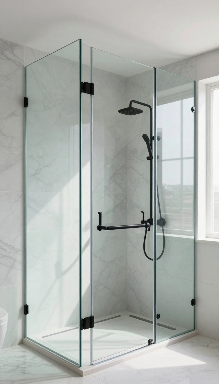 Ultra-clear low-iron glass shower enclosure in a bright modern bathroom with marble tile and matte black fixtures