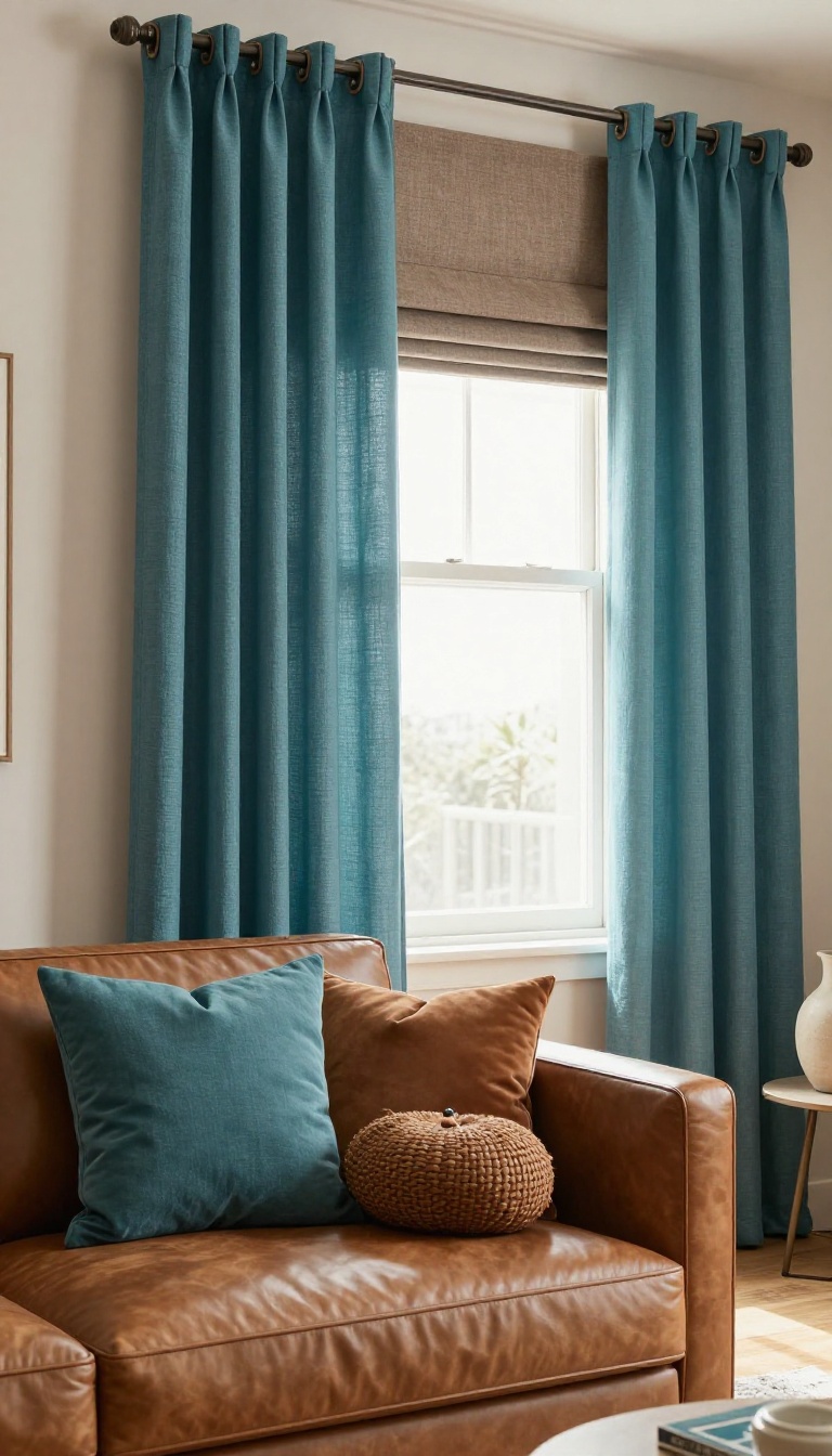 Warm modern living room with teal linen curtains, a brown Roman shade, and layered teal and brown throw pillows on a brown leather sofa in bright natural light.