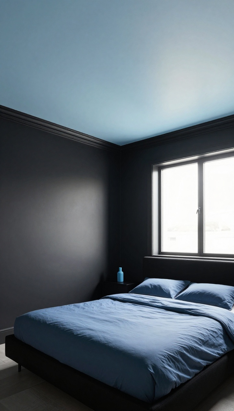 Modern bedroom with a soft dusty blue ceiling framed by black crown molding above black walls and a black bed with blue bedding, bright natural light