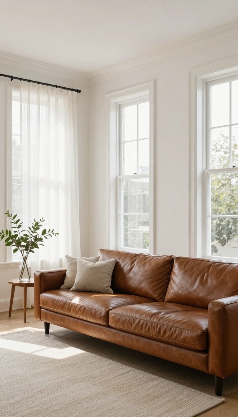 Bright living room with a chocolate brown couch, warm white walls, sheer white curtains, and abundant natural light.