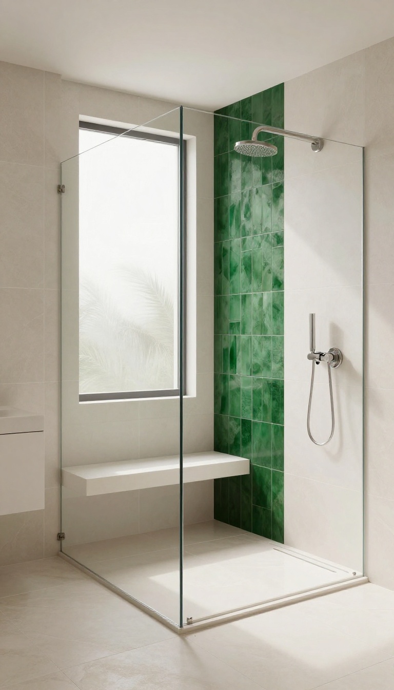 Walk-in shower with neutral tiles and a vertical emerald green mosaic accent stripe